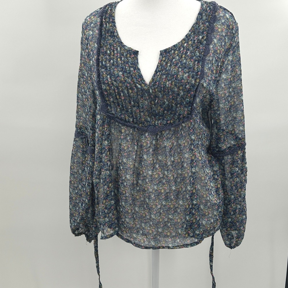 American Rag Boho Floral Peasant Blouse Sheer Lace Trim Cottagecore S Peasant - Picture 2 of 13